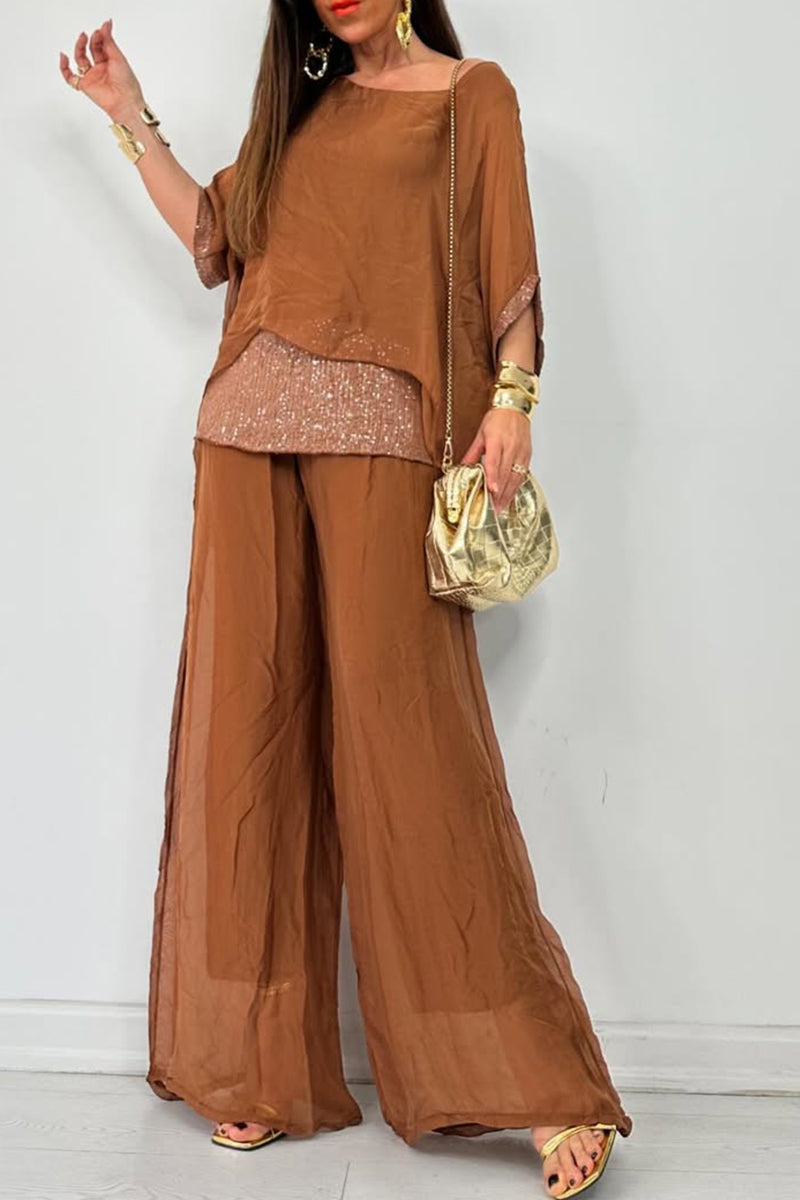 Ensemble décontracté femme : haut à col rond, coutures, ajouré + pantalon