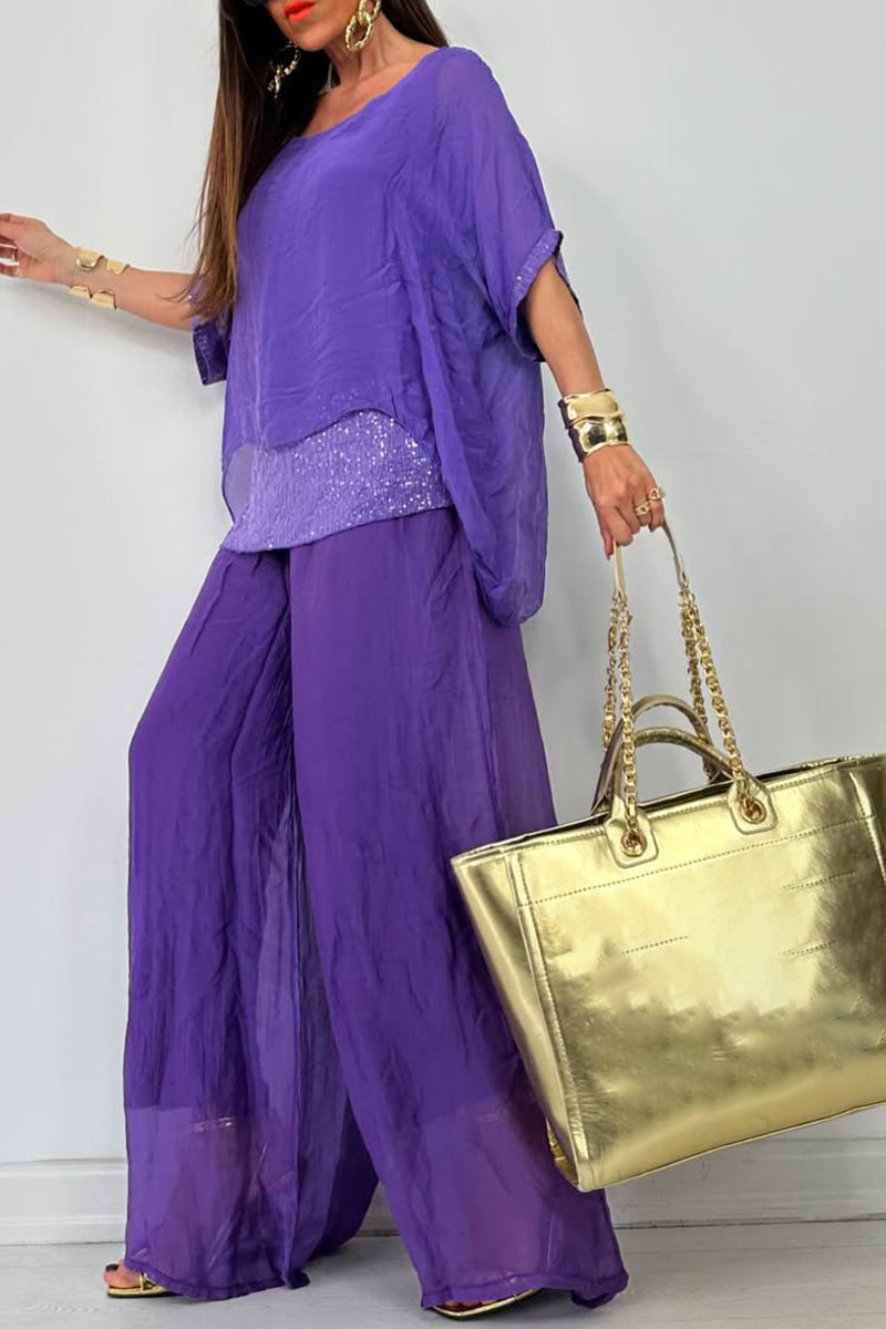 Ensemble décontracté femme : haut à col rond, coutures, ajouré + pantalon