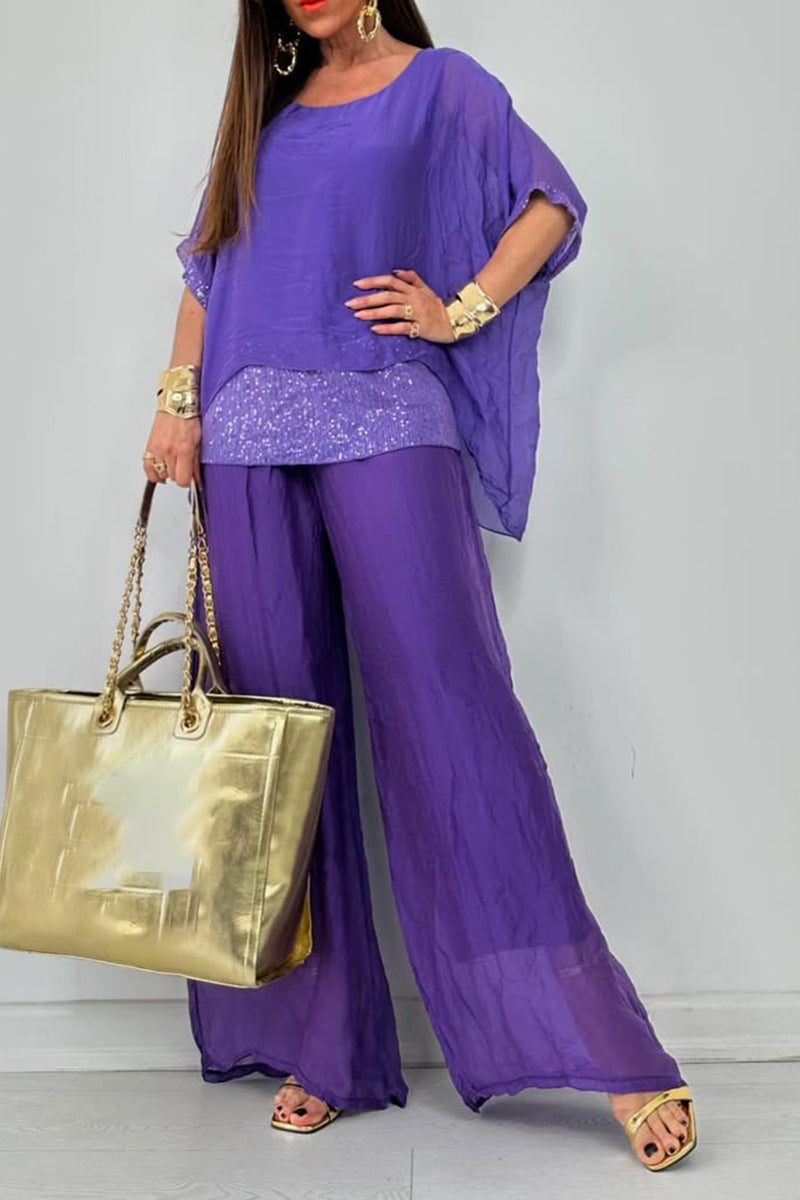 Ensemble décontracté femme : haut à col rond, coutures, ajouré + pantalon