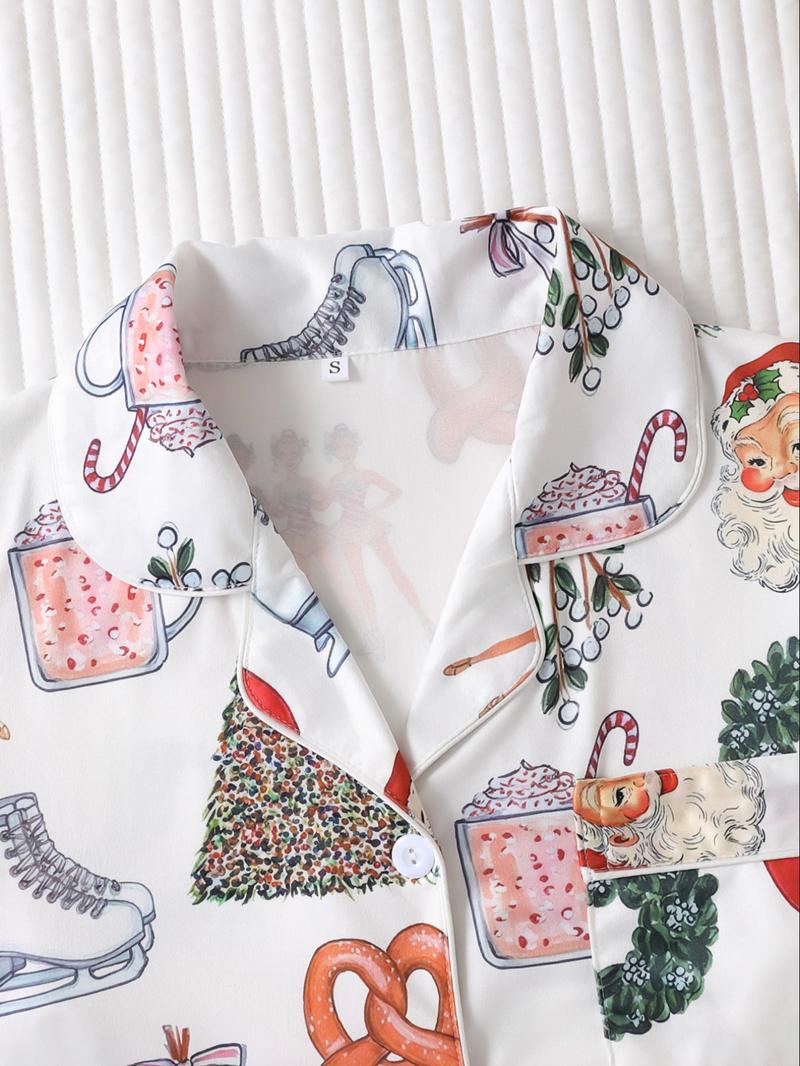 Pyjama de Noël pour femme, ensemble chemise de nuit à revers boutonnée à manches longues et pantalon ample confortable, vêtements de nuit décontractés imprimés sur toute la surface