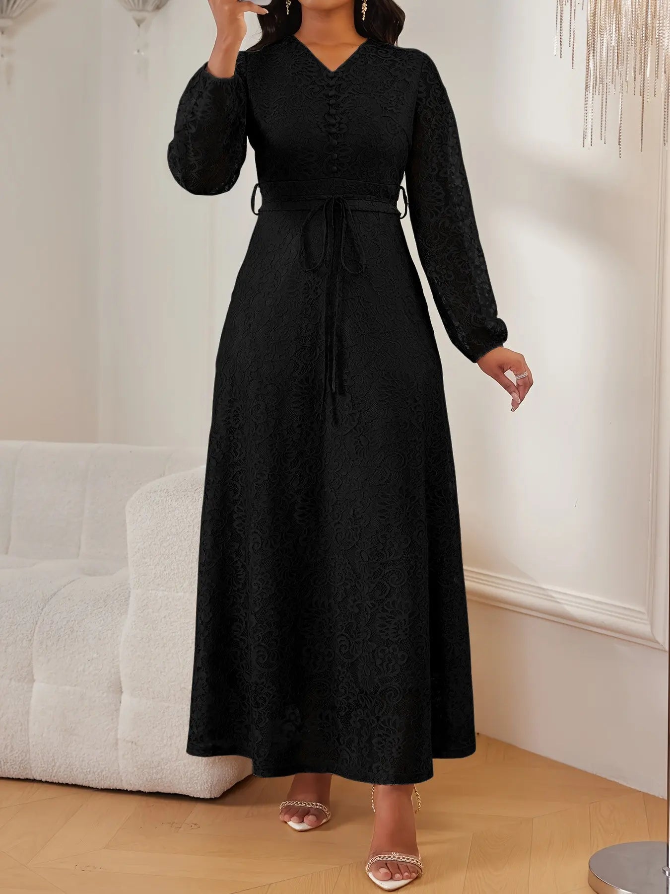 Vestito da donna in pizzo con scollo a V e maniche lunghe, elegante e chic con cintura in vita, vestibilità slim, tinta unita, per matrimoni, serate ed eventi formali, primavera e autunno