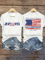 V-Neck Retro Jesus Saves America 250th Anniversary 1776-2026 Print T-Shirt