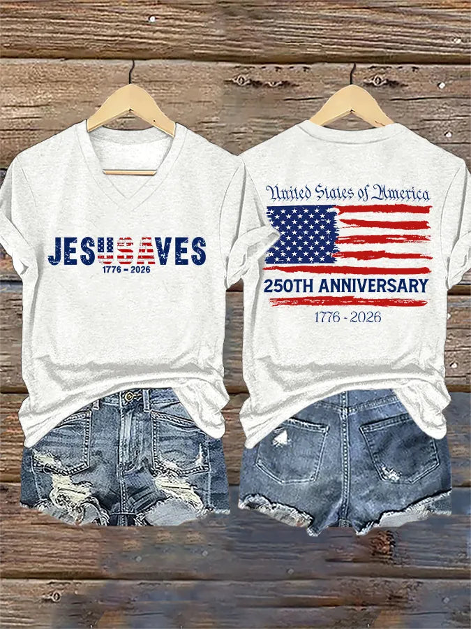 T-shirt con stampa scollo a V retrò "Gesù salva l'America" 250° anniversario 1776-2026