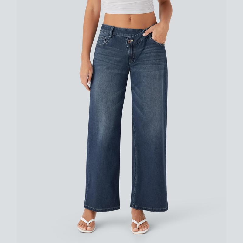 Jeans casual asimmetrici a vita bassa con tasche con cerniera, taglio ampio e slavato
