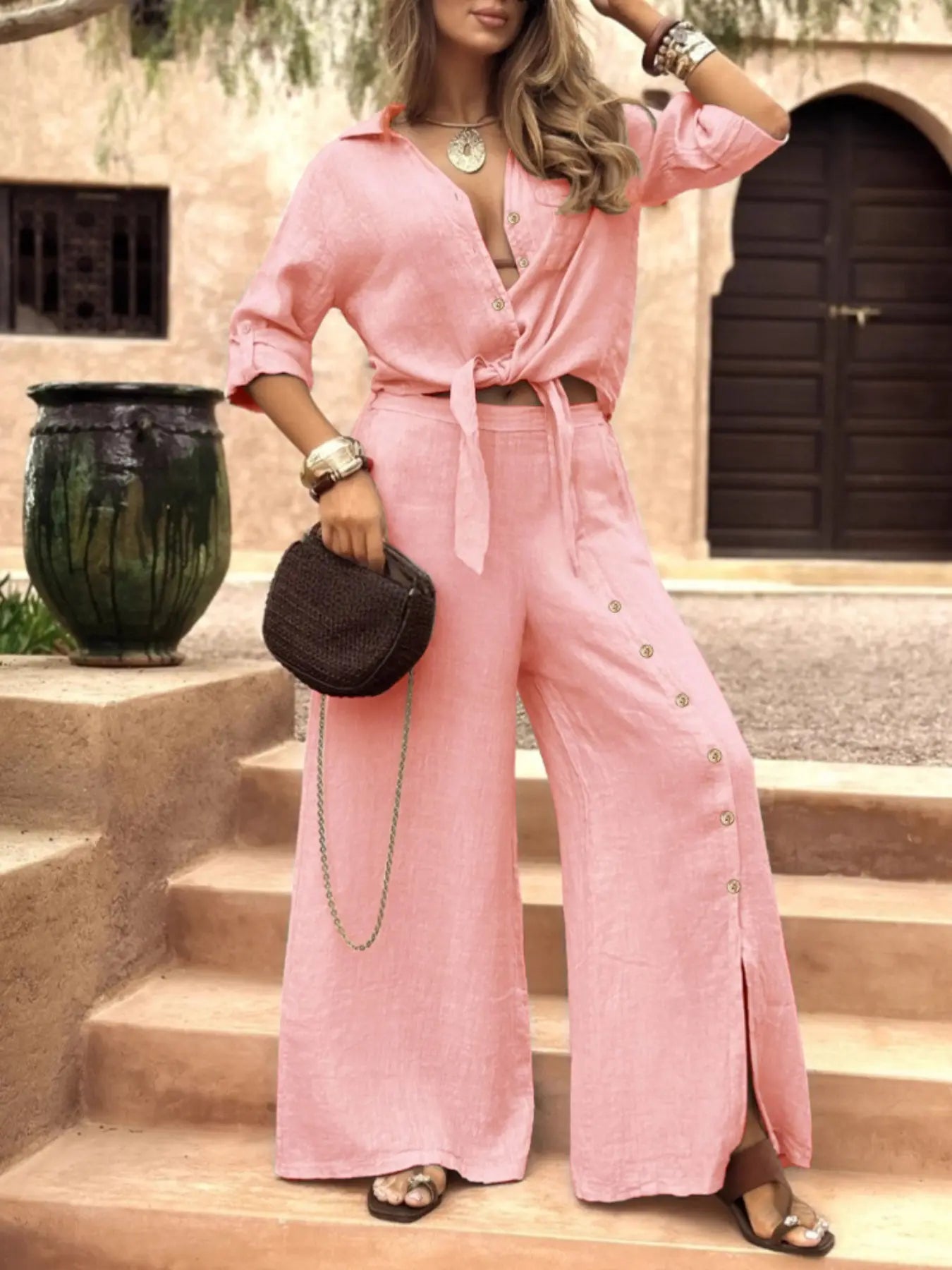 Ensemble chemise ample à manches longues pour femme avec ourlet à nouer, pantalon large décoré d'un seul bouton, tenue décontractée toutes saisons