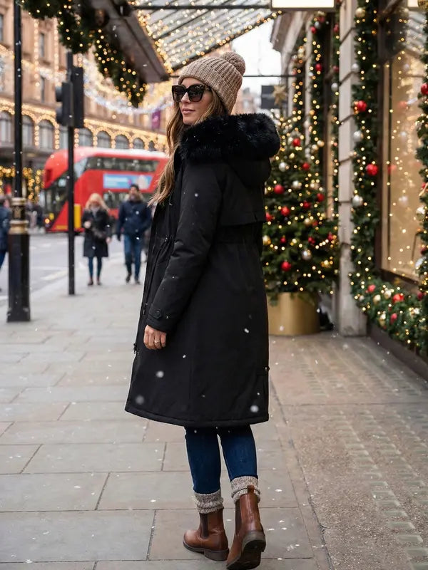 Manteau parka mi-long chaud et tendance pour femme automne-hiver, col en fausse fourrure, ceinture à cordon de serrage à la taille, coupe-vent, imperméable, résistant au froid
