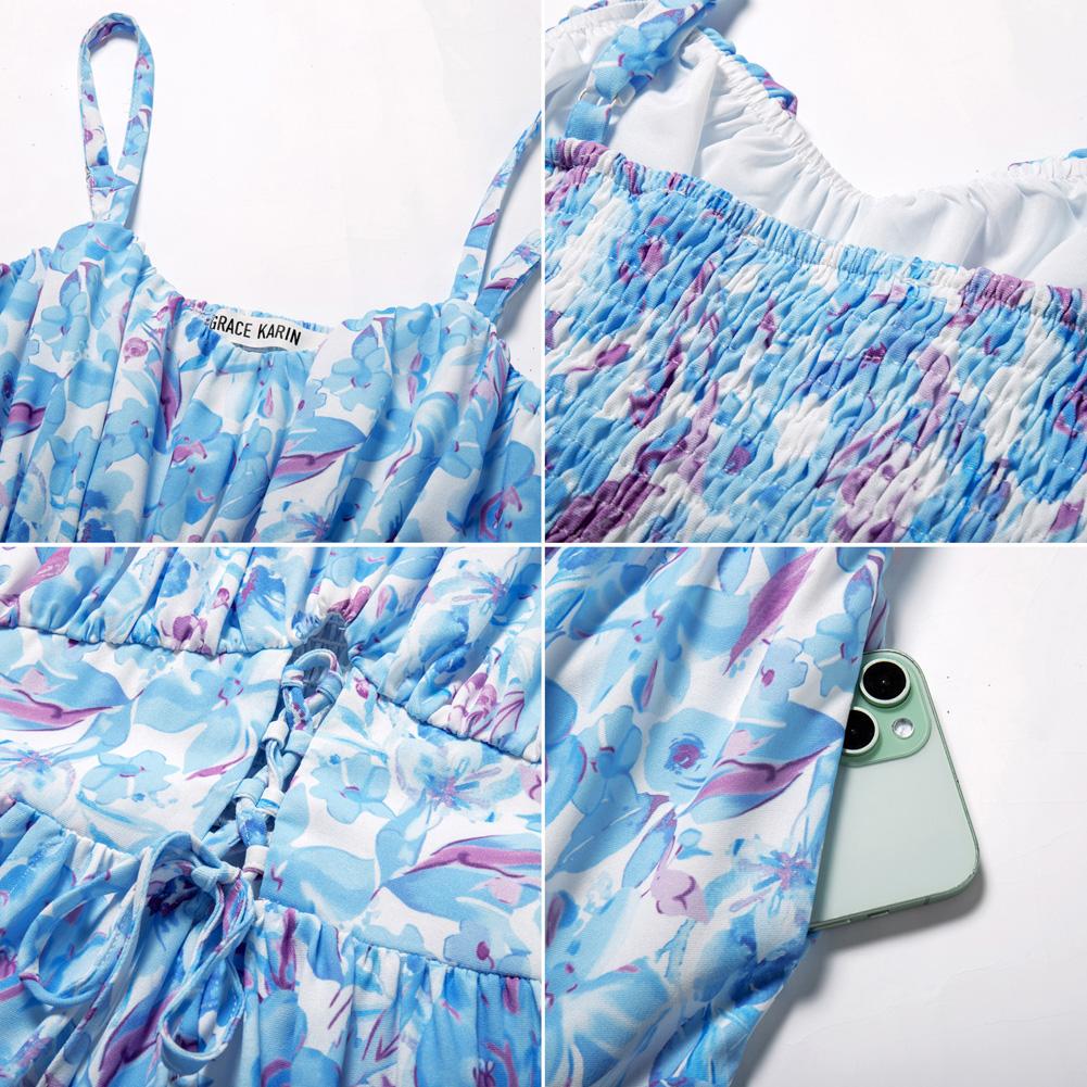 Robe longue bohème décontractée pour femme - Robe d'été à bretelles spaghetti smockée à volants avec poches, grande taille, vêtements bohèmes pour femme