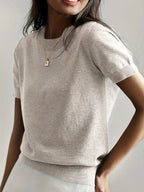 Pull en maille unie à col rond et manches courtes pour femme, tricot basique décontracté pour le printemps et l'automne, vêtements en tricot tendance pour femme pour le quotidien, prêt-à-porter féminin