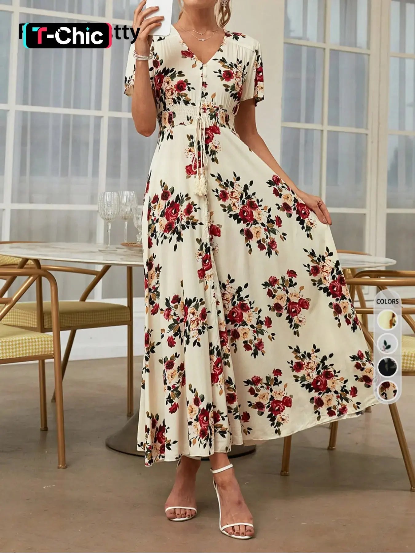 Vestito floreale con bottoni sul davanti da donna, vestito estivo a maniche corte in stile francese boho, abbigliamento da donna per vacanze al mare