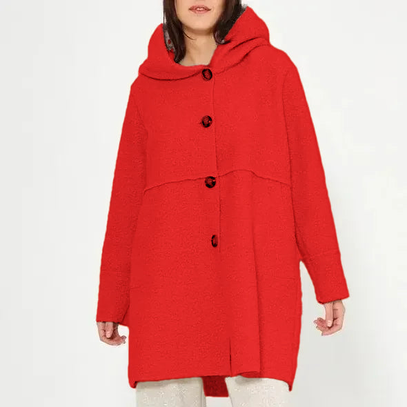 Cappotto con cappuccio e bottoni da donna per l'autunno/inverno, elegante e versatile, adatto a varie occasioni.