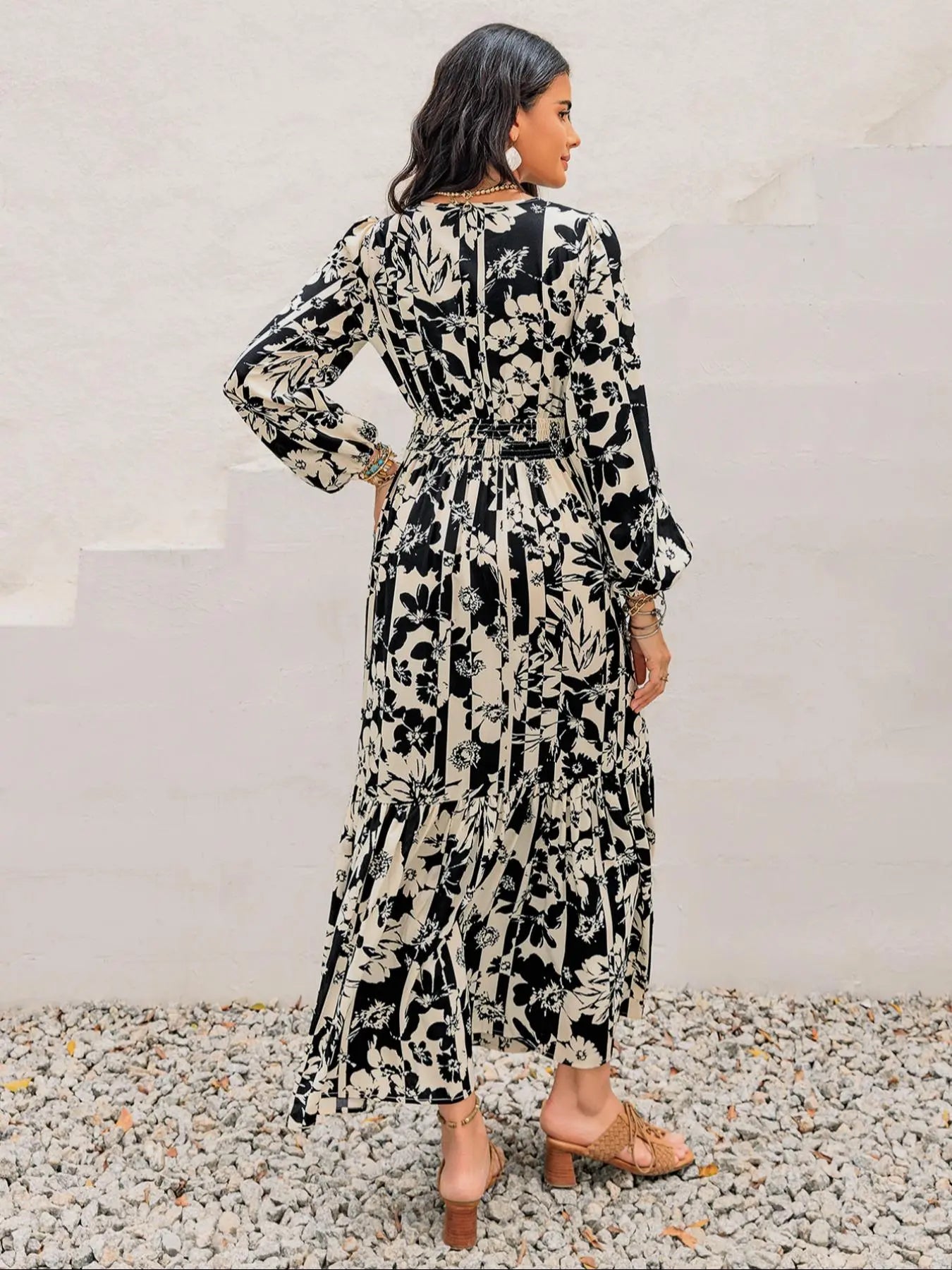 Robe bohème à imprimé floral pour femme, manches lanternes, taille ajustée à nouer, coupe ample confortable à manches longues pour l'automne et l'hiver