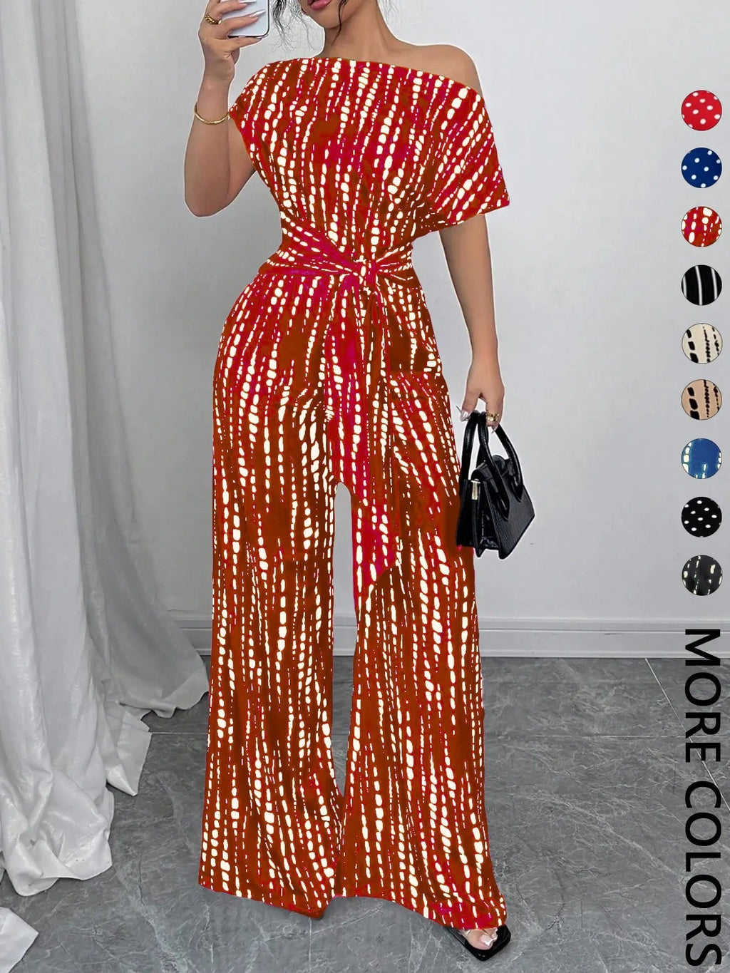 Combinaison Femme à Imprimé Intégral avec Nœud sur le Devant, Combinaison Décontractée à Col Asymétrique pour le Printemps et l'Automne, Vêtements pour Femmes à Porter au Quotidien