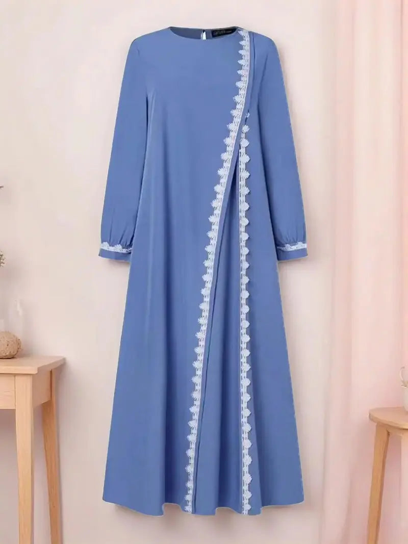 Abito da donna a maniche lunghe, girocollo, tinta unita, casual, stile vestaglia elegante con bordo in pizzo, perfetto per l'uso quotidiano e le occasioni speciali