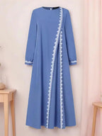 Abito da donna a maniche lunghe, girocollo, tinta unita, casual, stile vestaglia elegante con bordo in pizzo, perfetto per l'uso quotidiano e le occasioni speciali