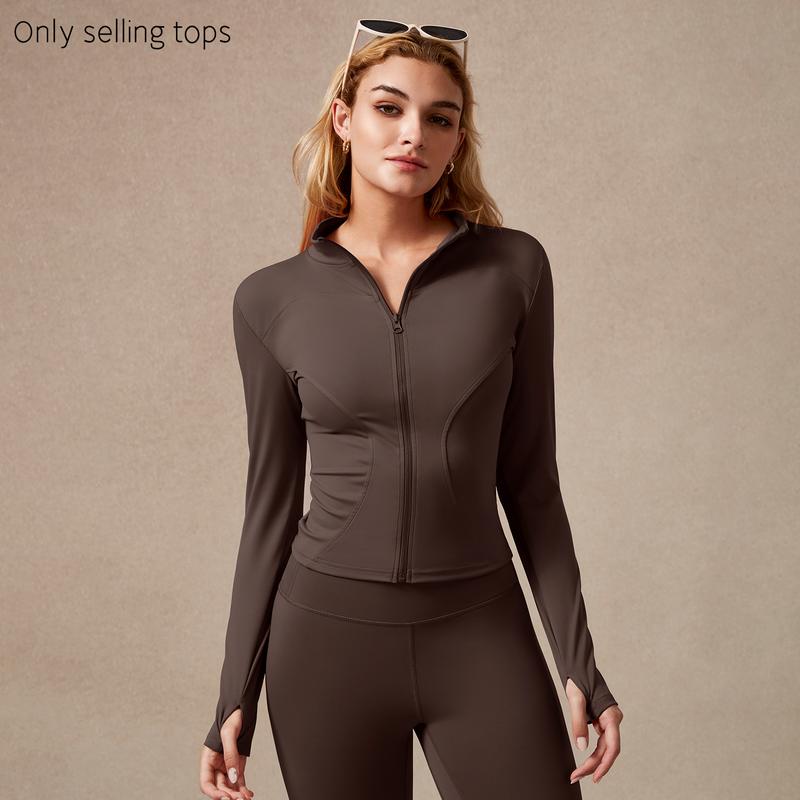 Giacca sportiva da donna con zip intera, maniche lunghe, vestibilità aderente, tessuto elasticizzato ad asciugatura rapida con fori per i pollici per corsa, yoga, palestra, allenamento, abbigliamento sportivo