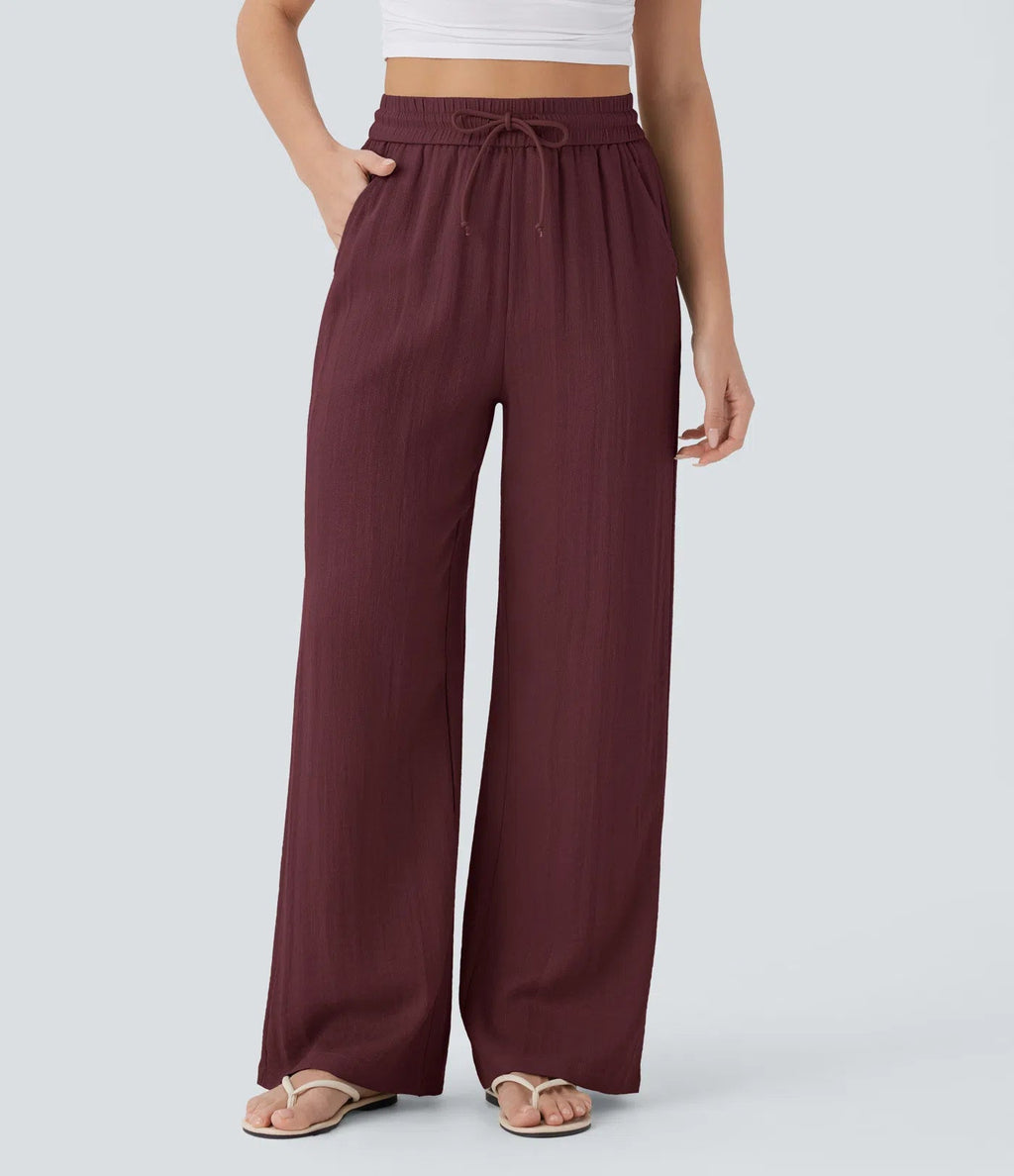 Pantalon ample taille haute en lin avec cordon de serrage et grandes poches