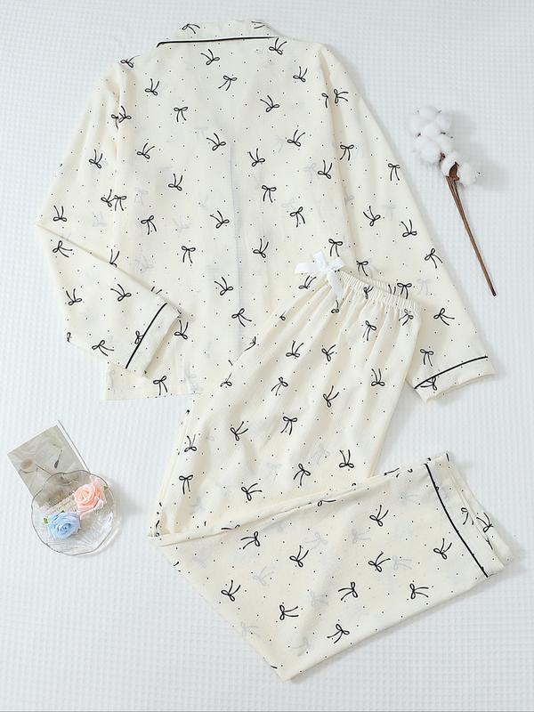 Ensemble de pyjama pour femme à rayures et imprimé nœud, haut et pantalon boutonnés, décontracté pour toutes les saisons