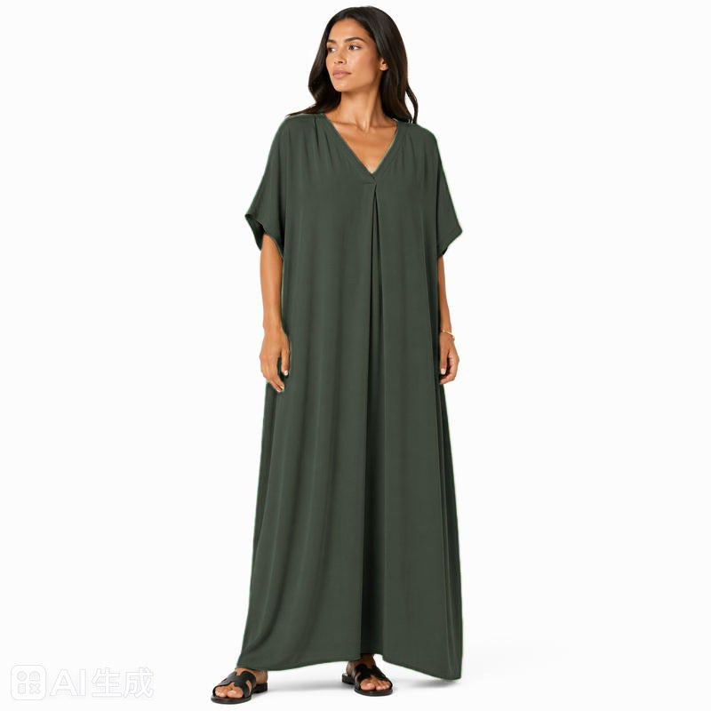 Robe longue oversize fluide col V femme été chic confortable en tissu léger et doux pour toutes les occasions