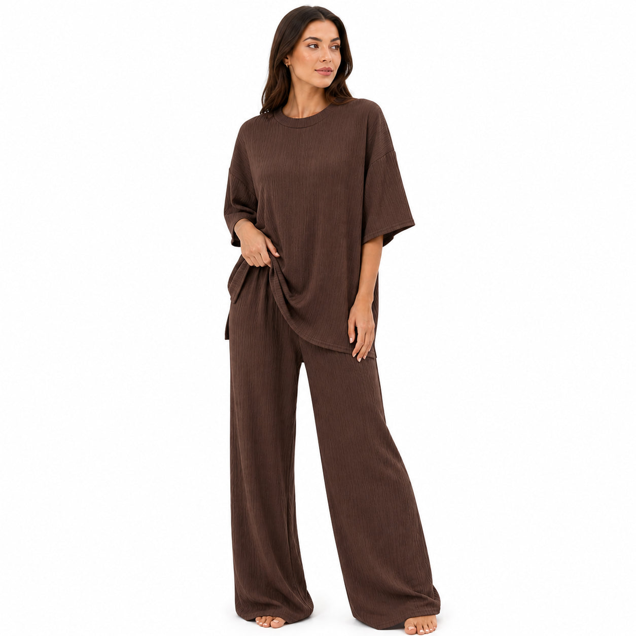 Ensemble Chic Femme Texturé – T-shirt & Pantalon Fluide