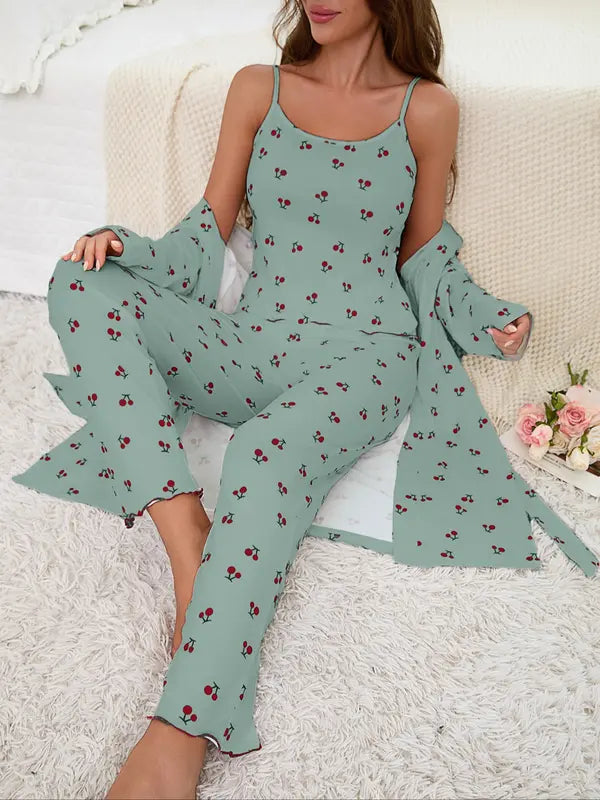 Ensemble nuisette et pantalon à bretelles pour femme à imprimé cerises