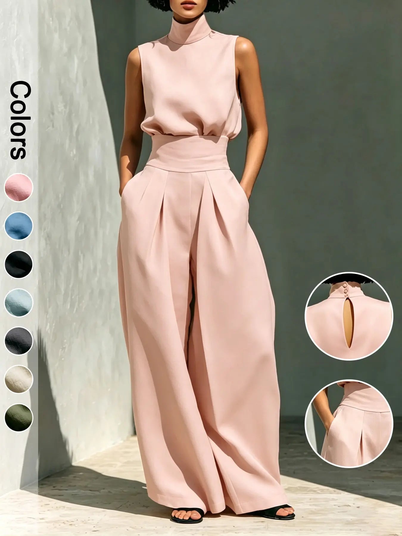 Ensemble deux pièces pour femme, haut sans manches à col montant et pantalon long, ensemble élégant avec pantalon large taille haute, tenue tendance pour femme
