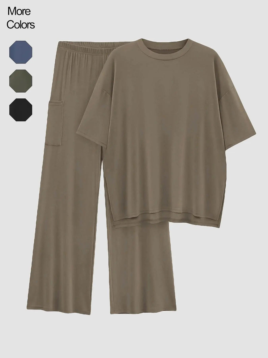 Completo due pezzi da donna tinta unita: t-shirt con spalle scese e pantaloni con elastico in vita