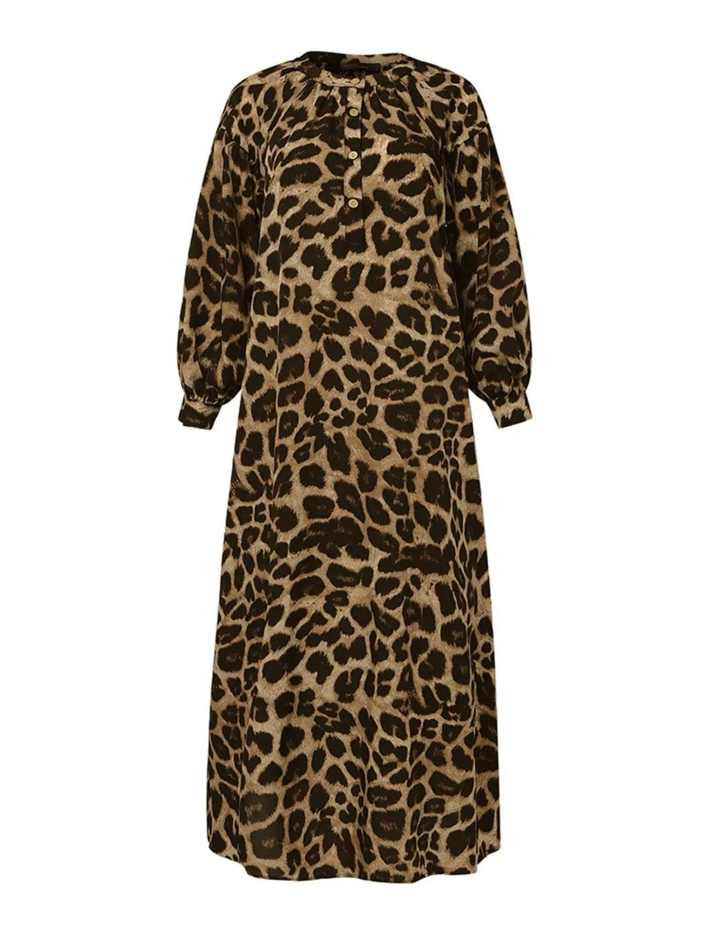 Abito lungo da donna casual boho con stampa leopardata all-over, abito lungo da strada per le vacanze, vestiti da donna per l'uso quotidiano