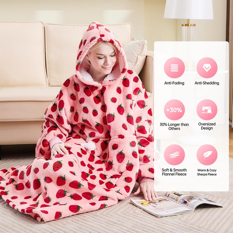 Coperta Indossabile con Cappuccio Oversize in Pile Sherpa, Felpa con Cappuccio con Maniche, Coperta con Cappuccio Accogliente e Gigante Extra Lunga per Adulti Donna Regalo Invernale (Fragola)