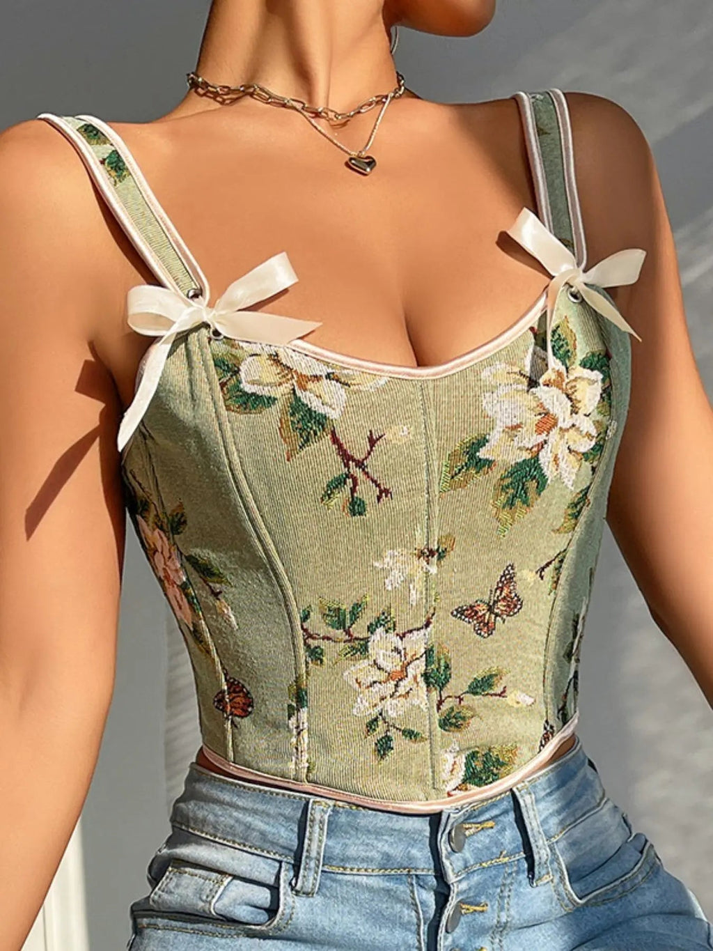 Canotta modellante da donna con stampa floreale, struttura a corsetto allacciato regolabile, canotta modellante alla moda con fiocco decorativo per uso quotidiano, modellatore contenitivo per donna