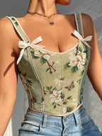 Canotta modellante da donna con stampa floreale, struttura a corsetto allacciato regolabile, canotta modellante alla moda con fiocco decorativo per uso quotidiano, modellatore contenitivo per donna