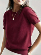 Pull en maille unie à col rond et manches courtes pour femme, tricot basique décontracté pour le printemps et l'automne, vêtements en tricot tendance pour femme pour le quotidien, prêt-à-porter féminin