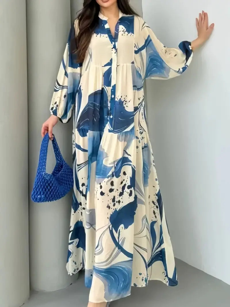 Robe longue florale à manches longues 2026, robe longue décontractée polyvalente à col en V, coupe ample style élégant pour femmes