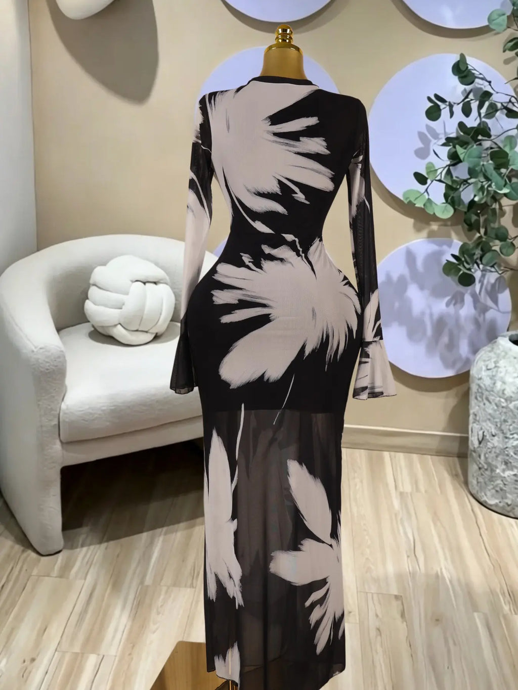 Elegant Women's All Over Print Long Sleeve Ruched Long Prom Dress