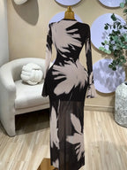 Elegant Women's All Over Print Long Sleeve Ruched Long Prom Dress