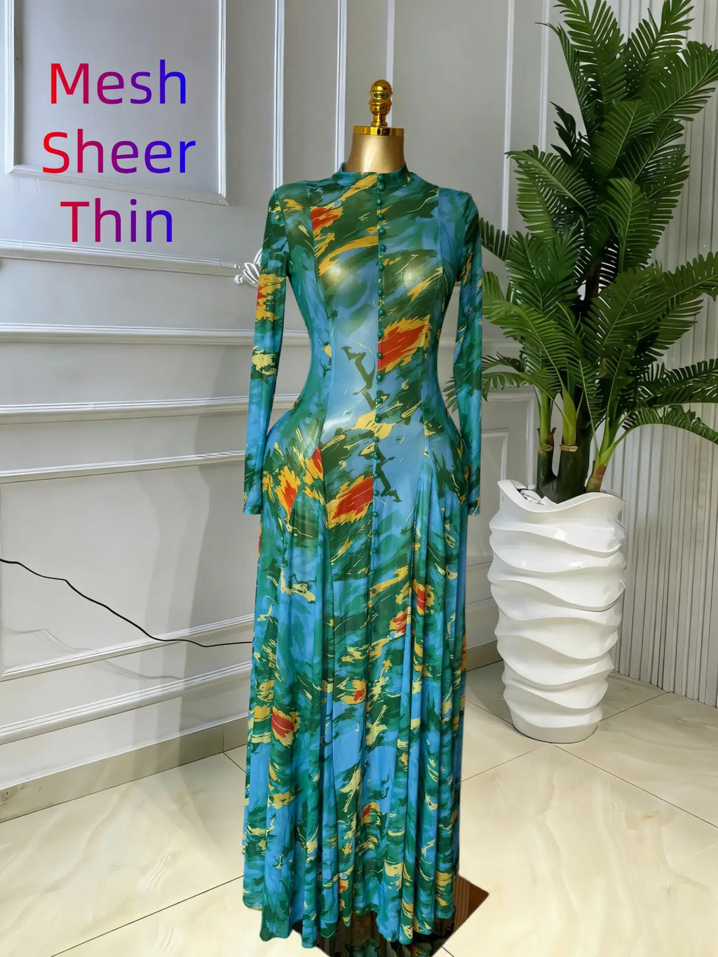 Women's Round-Neck Long Sleeve Woven Maxi Dress