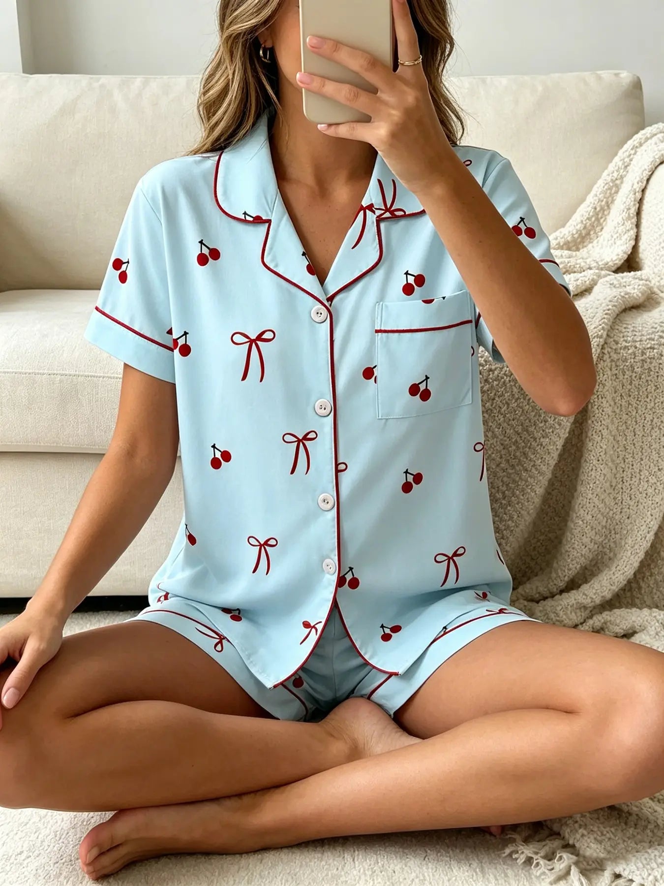 Women's Short Sleeve Button Down Top and Shorts Pajama Set, Spring Summer Wear