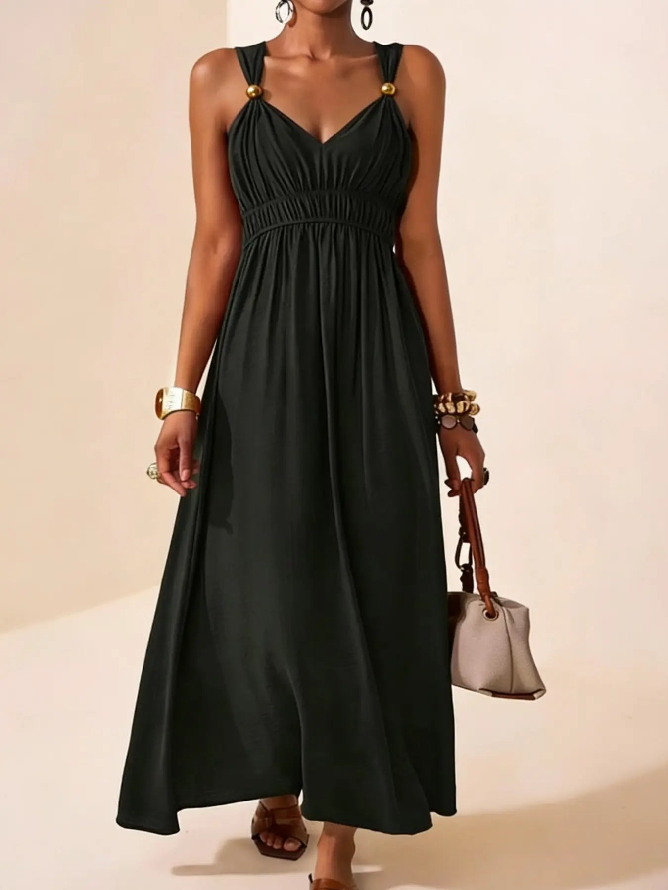 Long Sleeveless Thin Strap Deep V Neck Elegant A-Line Dress
