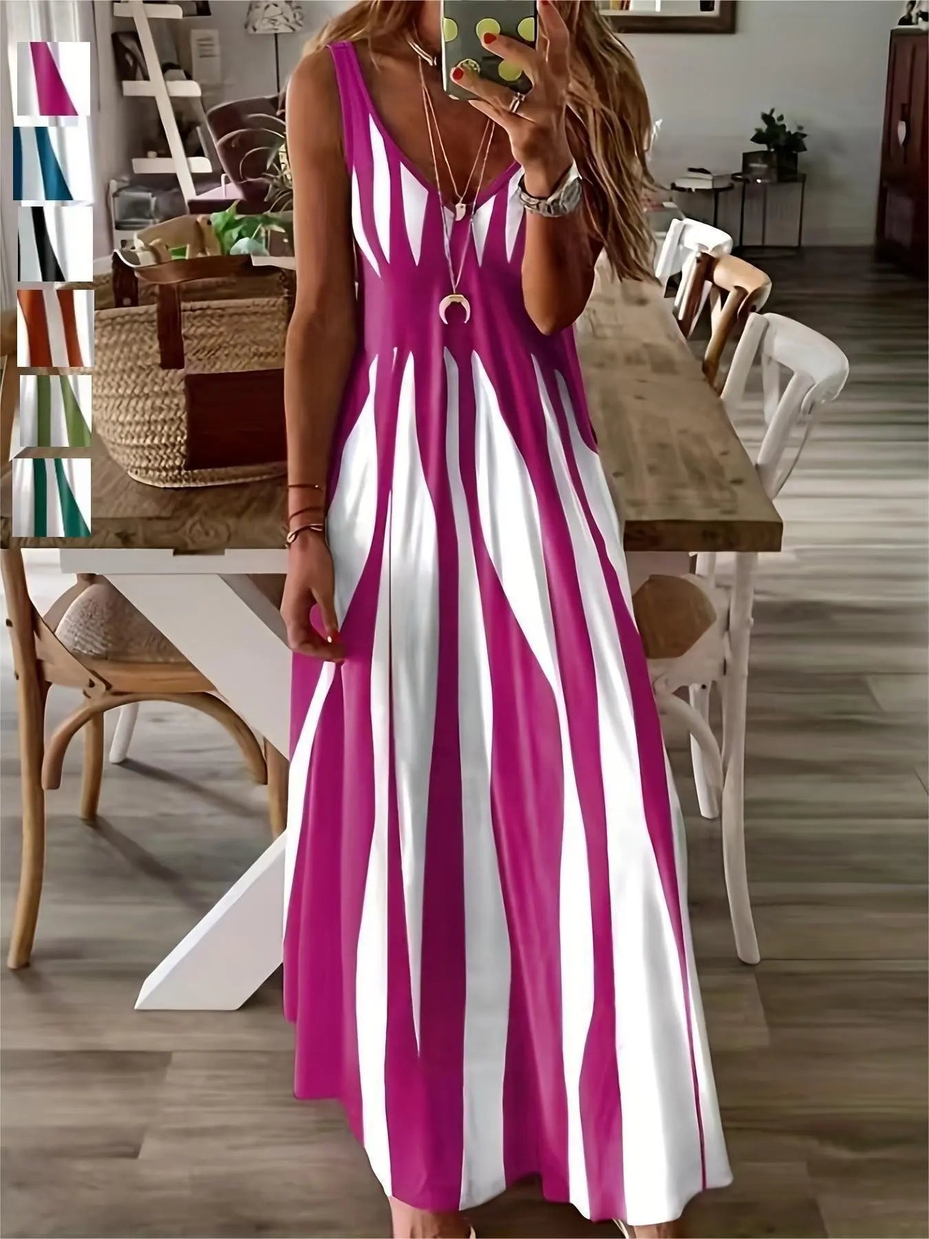 Women's Casual Sleeveless Striped V-Neck Long Dress