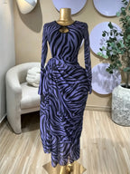 Elegant Women's Striped Pleated Long Sleeve Bodycon Maxi Prom Dress