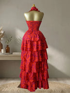 Women's Floral Print Layered Ruffle Midi Maxi Dress
