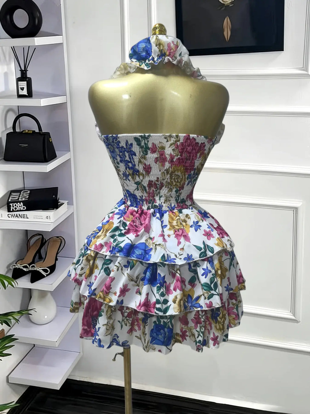 Women's Floral Print Backless Strapless Layered Ruffle Mini Dress