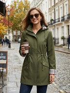 Women's Solid Color Drawstring Zip Up Hooded Trench Coat