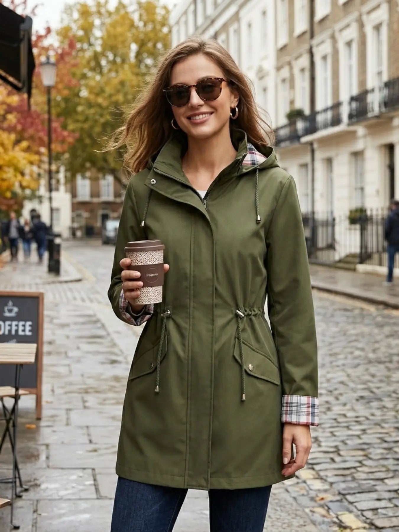 Women's Solid Color Drawstring Zip Up Hooded Trench Coat