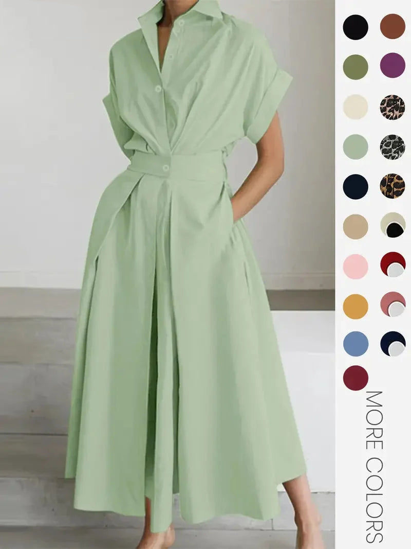 Vestito a tinta unita con colletto da donna, abito casual a maniche corte per l'estate, abiti da donna per l'uso quotidiano