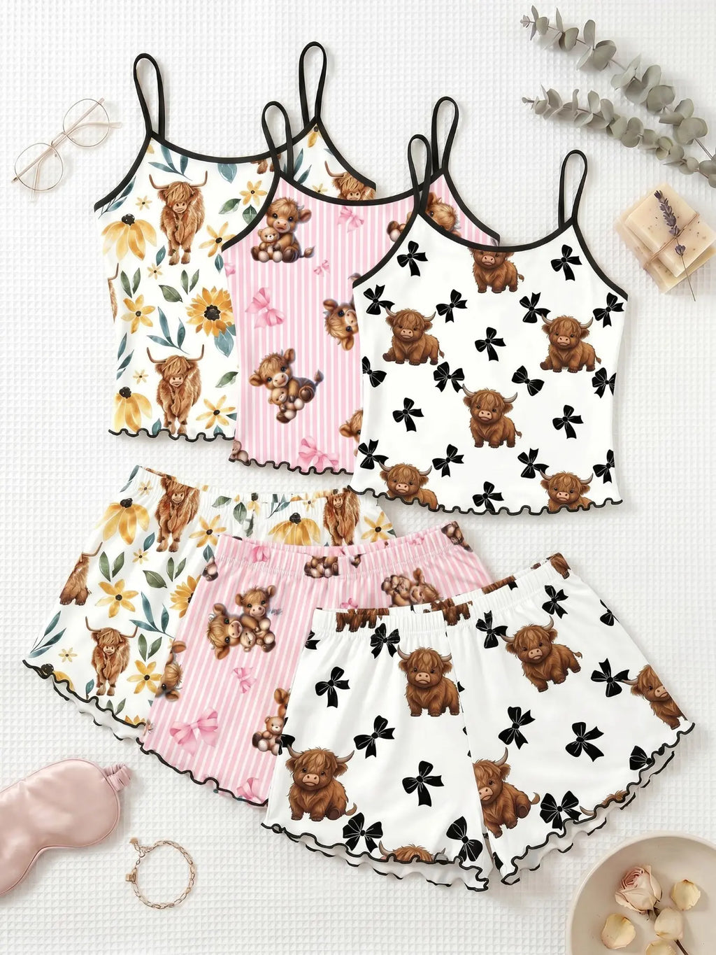 3-Piece Combo,Cherry Print Halter Short Pajamas Set