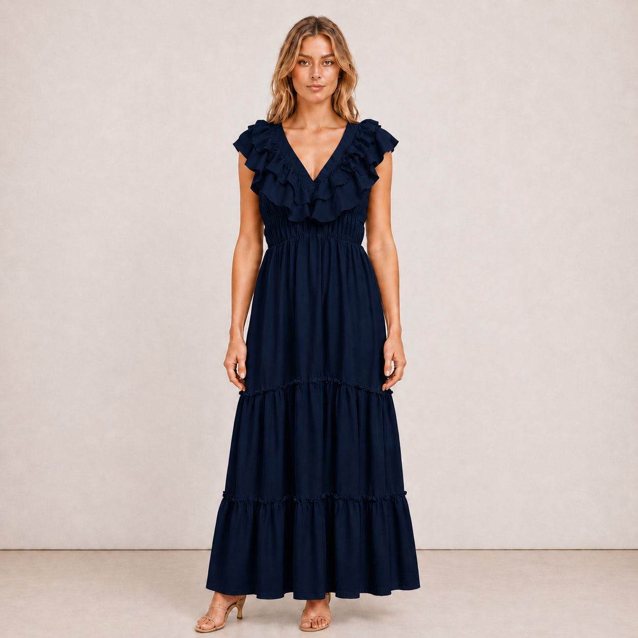[2026.NOHO] Carmen, Vestito Lungo Con Balze E Volant Sullo Scollo A V