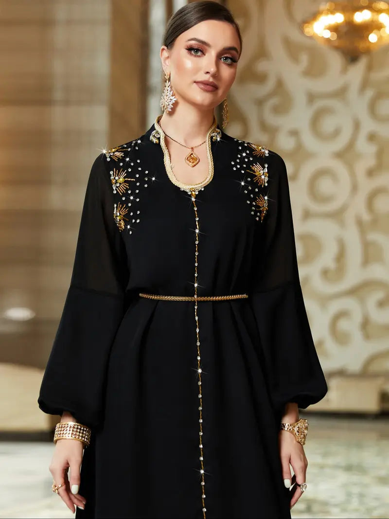 Abito lungo da donna fatto a mano con perline, comodo, elegante per la sera, stiloso da casa