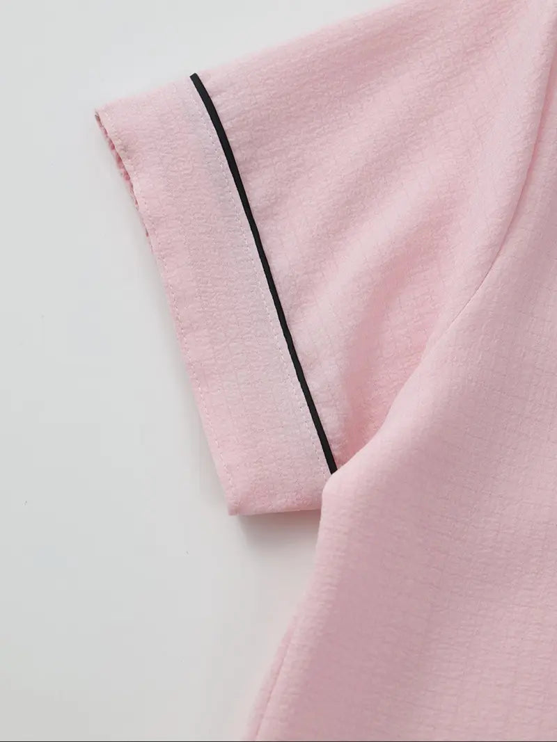 Set pigiama da donna con ricamo a cuore, colletto dentellato, maniche corte e tasche, completo casual e comodo con maglietta e pantaloncini per tutte le stagioni