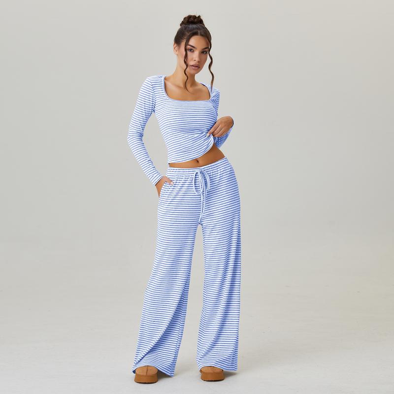 Ensemble de deux pièces décontracté pour femme : haut court à rayures à col carré et manches longues, et pantalon large taille basse, tenues minimalistes, vêtements confortables pour femme
