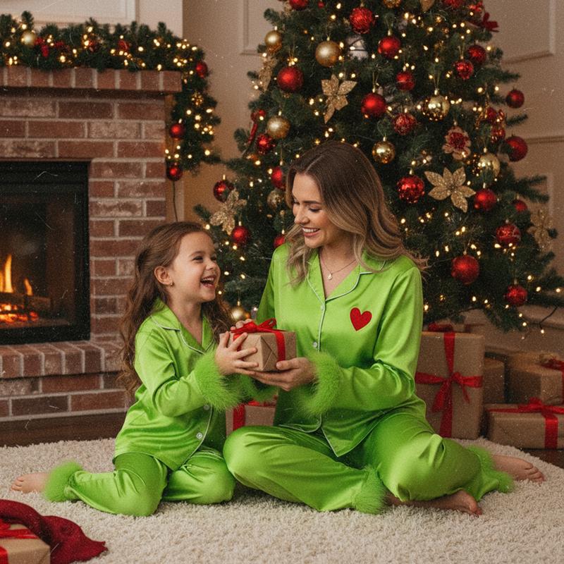 Pyjamas Mommy and Me, Tenues de Nuit de Noël Assorties pour la Famille, Hauts à Manches Longues avec Revers et Col en V Boutonnés et Pantalons à Taille Élastique pour la Maison